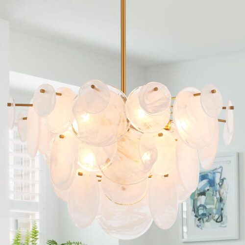 20-inch gold crystal chandelier, 9 lights, 3-tier. Suitable for dining room, bedroom, entryway.