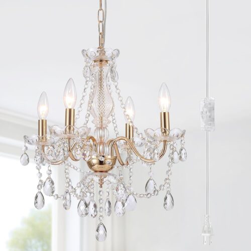 4-tier crystal chandelier, gold and black, 20 inches, 7 lights. Suitable for dining room, bedroom, living room.