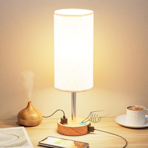 Dimmable touch bedside lamp with USB-C and AC power socket